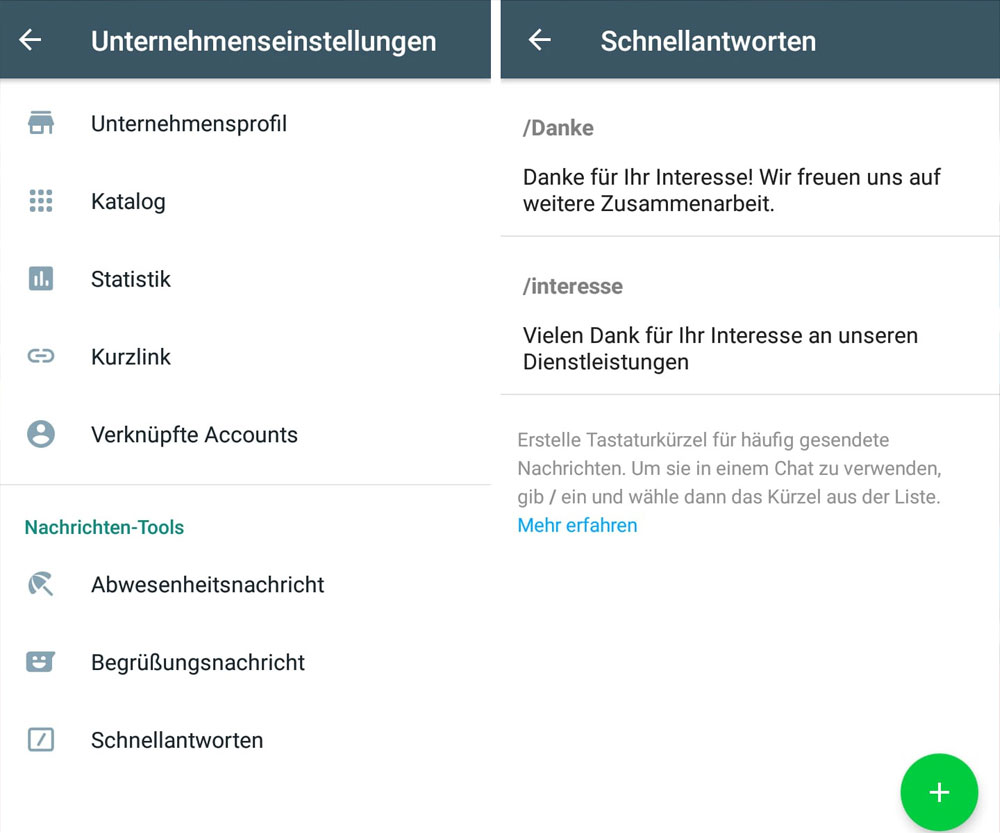 Screenshots von den Whatsapp Unternehmenseinstellungen und den Konfigurationsmöglichkeiten im Tool Schnellantworten.