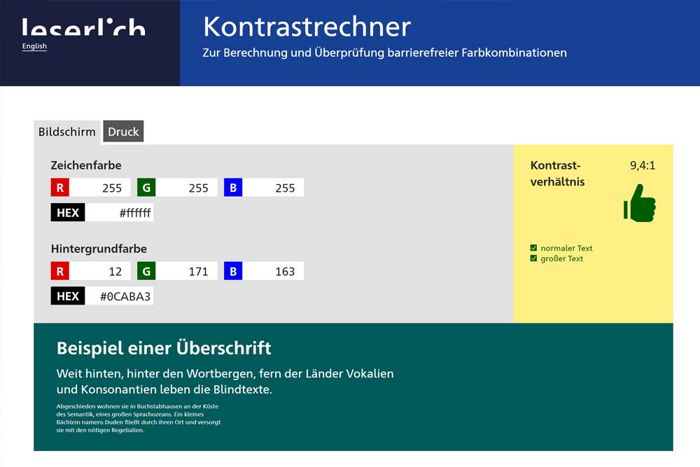 Ein Screenshot einer Webseite mit integriertem Kontrastrechner zur Analyse des Kontrastverhältnisses von der Textfarbe zur Hintergrundfarbe