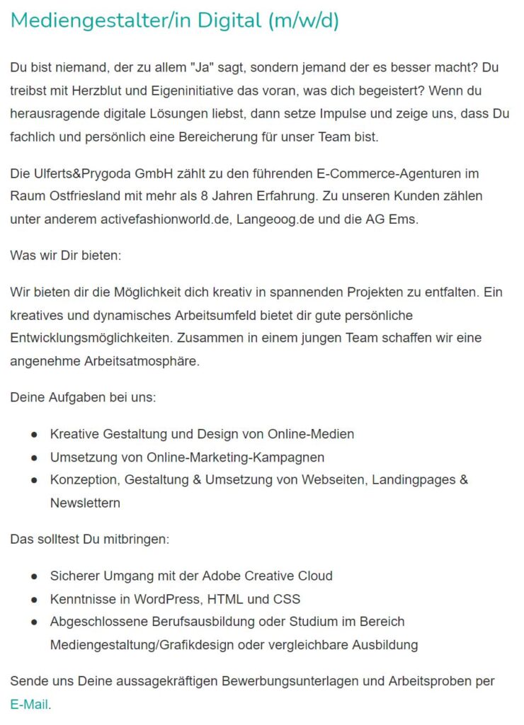 Screenshot einer Beispiel Stzellenanzeige