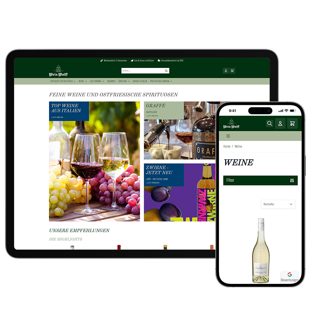 Mock Up Grafik eines Tablkets & Smartphones mit der Ansicht auf den Onlineshop von Wein Wolff