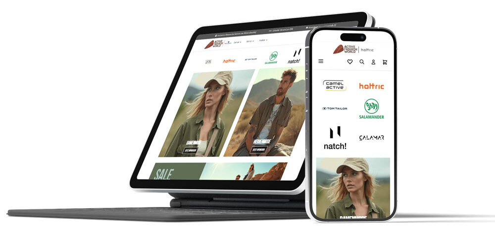 Mock Up mit Tablet und Tastatur, sowie Smartphone zum Onlineshop der Activefashionworld