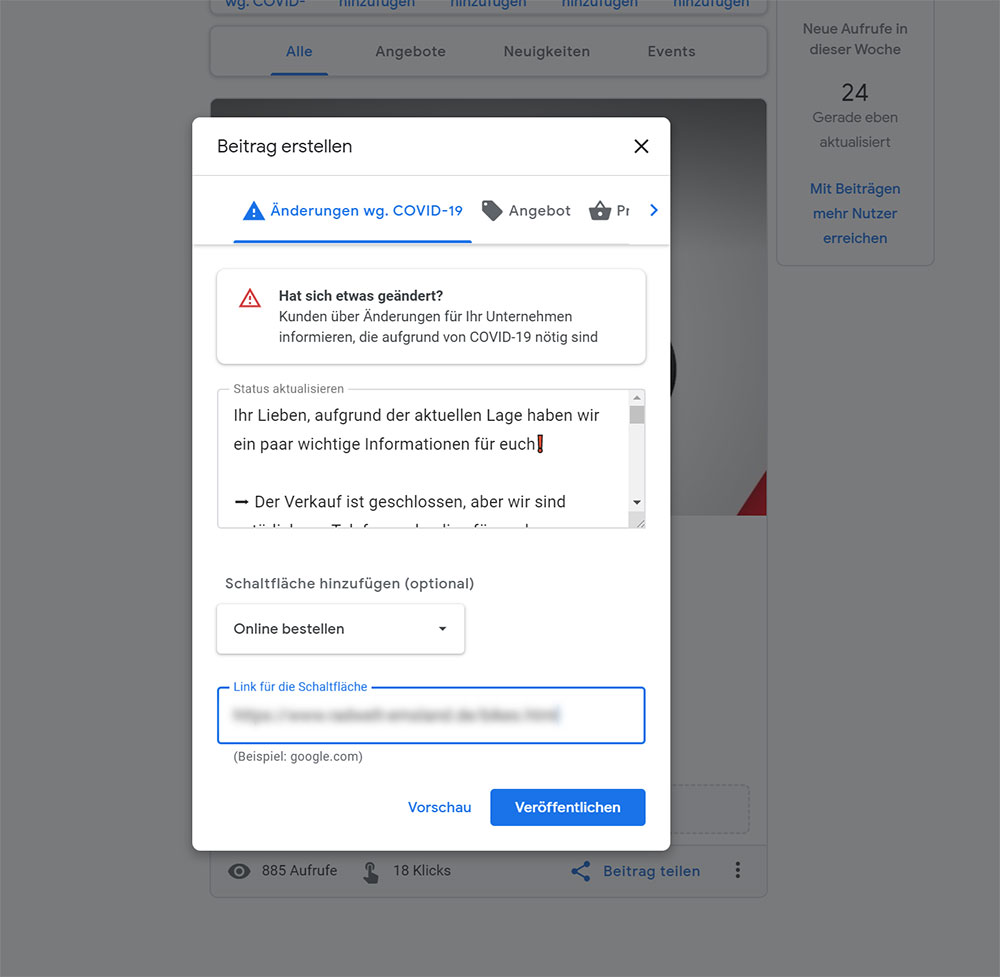 Screenshot aus dem Google Branchenbuch Eintrag zum Teilen von Beiträgen