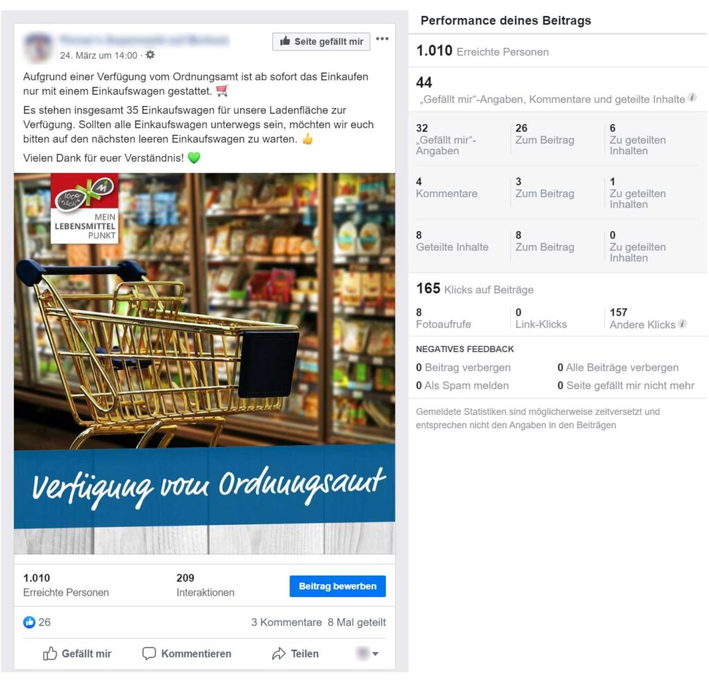 Screenshot aus dem Meta Ads Tool zur Ansicht wichtiger Insights eines Beitrages